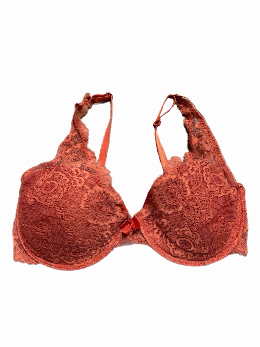 90s/Y2K European Vintage Floral Lace Full Coverage Push-Up Bra Rust/Orange 32C